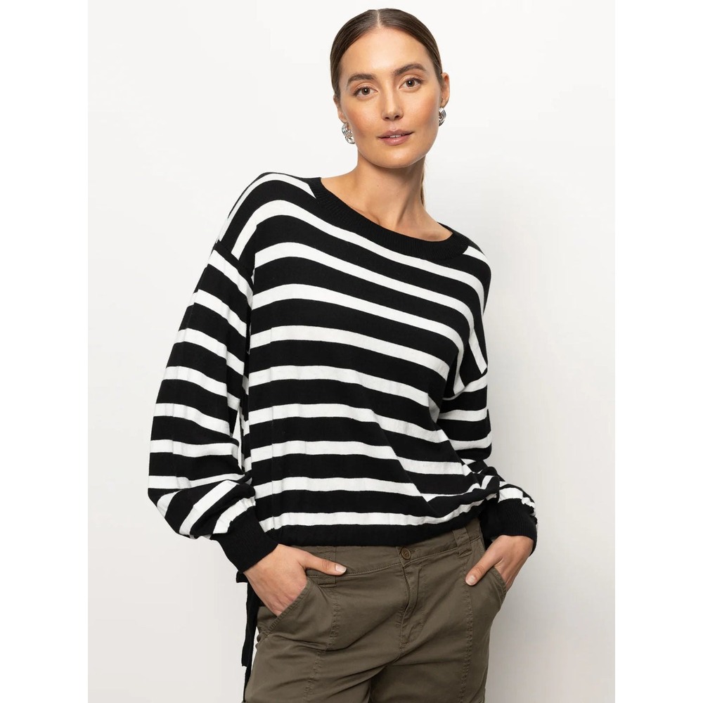 Sanctuary Black White Stripe Knit Sweater Ribbed Cuffs Tie Waist L